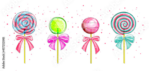 Candies, lollipop. Vector set of sweets, spiral striped lollypops, isolated on white background. Twisted and Swirling Lollipops on Sticks