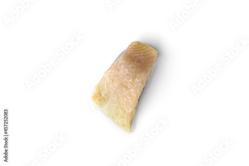 Salted herring in oil, sliced fish fillet, isolated on white background.