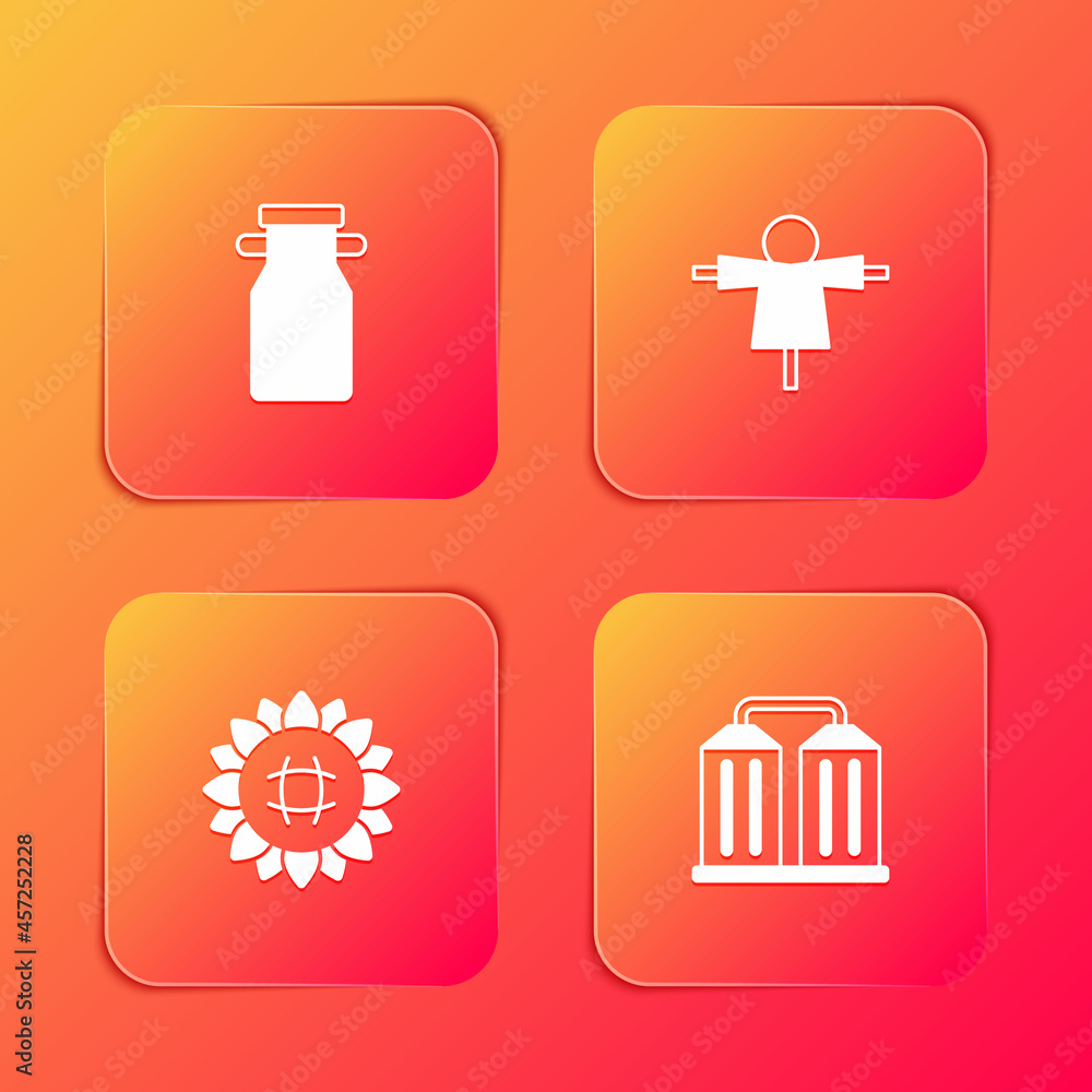 Set Can container for milk, Scarecrow, Sunflower and Granary icon. Vector Set Can container for milk, Scarecrow, Sunflower and Granary icon. Vector