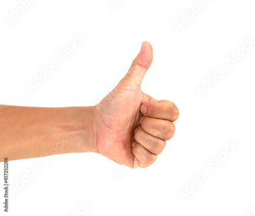 male hand holding thumbs up isolated on white background © jamroenjaiman