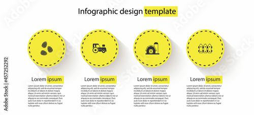 Set Seeds, Tractor, Farm house and Garden fence wooden. Business infographic template. Vector