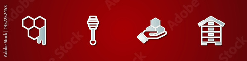Set Honeycomb, dipper stick, and hand and Hive for bees icon. Vector