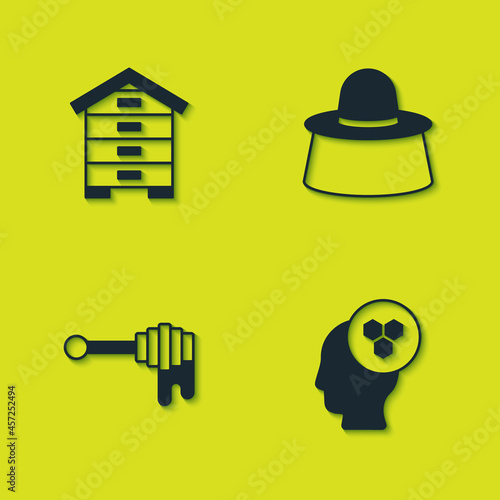 Set Hive for bees, Beekeeper, Honey dipper stick with honey and protect hat icon. Vector
