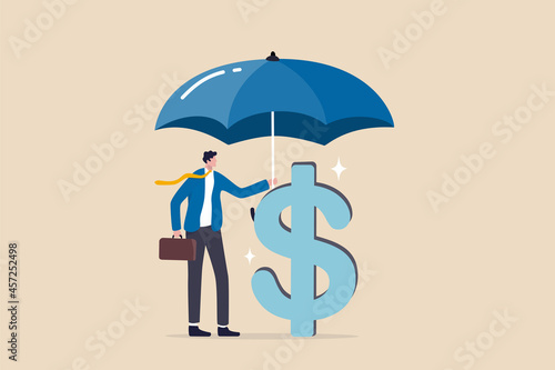 Income protection insurance, protect money or investment wealth, secure savings in economic crisis concept, confidence businessman holding big umbrella covered dollar sign money.