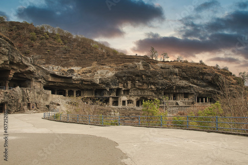 Ancient rock-cut caves within the mountains at Ellora.