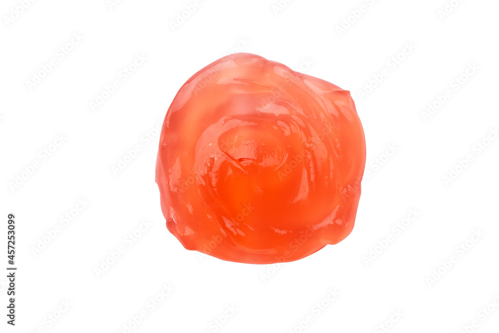 Abstract swatch of red face cream isolated on white background. Texture of face cream closeup. Beauty body care gel smear. Abstract swatch of red face cream isolated on white background. Texture of face cream closeup. Beauty body care gel smear.