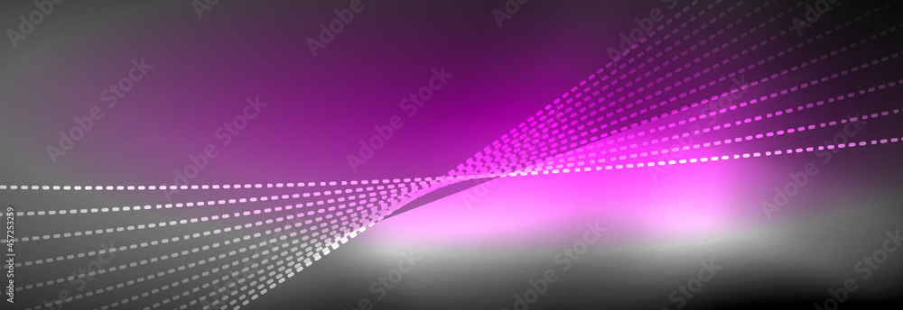 Neon shiny color background with light glowing wave line particles. Wallpaper background, design templates for business or technology presentations, internet posters or web brochure covers Neon shiny color background with light glowing wave line particles. Wallpaper background, design templates for business or technology presentations, internet posters or web brochure covers