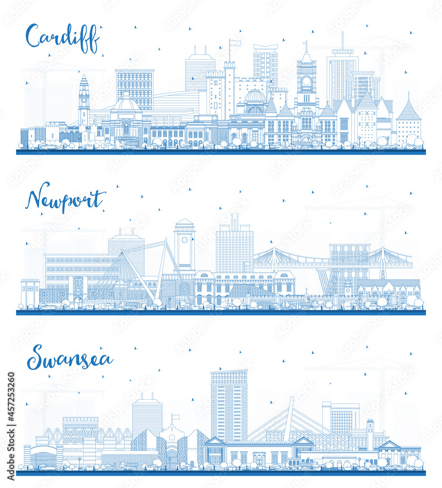 Outline Newport, Swansea and Cardiff Wales City Skyline Set.