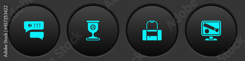 Set Speech bubble chat baseball, Award cup with, Sport bag and Monitor game icon. Vector