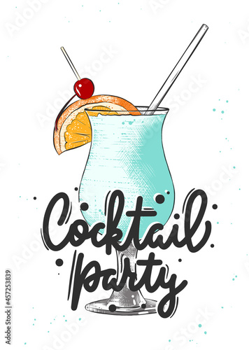 Vector engraved style Blue Hawaiian alcoholic cocktail illustration for posters, decoration, menu. Hand drawn drink or beverage sketch with lettering, Cocktail party. Detailed colorful drawing.