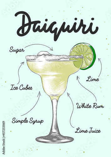 Vector engraved style Daiquiri cocktail illustration for posters, decoration, logo and print. Hand drawn sketch with lettering and recipe, beverage ingredients. Detailed colorful drawing.