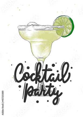 Vector engraved style Daiquiri alcoholic cocktail illustration for posters, decoration, menu. Hand drawn drink or beverage sketch with lettering, Cocktail party. Detailed colorful drawing.
