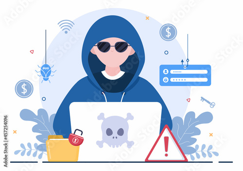 Hacker Using Computer Server to Activity Hacked Database, Network Storage, Social Account, Credit Card or Security. Background Vector Illustration