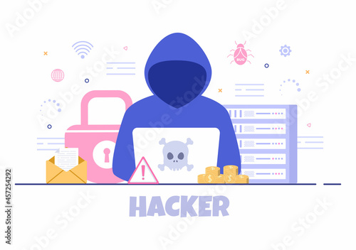 Hacker Using Computer Server to Activity Hacked Database, Network Storage, Social Account, Credit Card or Security. Background Vector Illustration