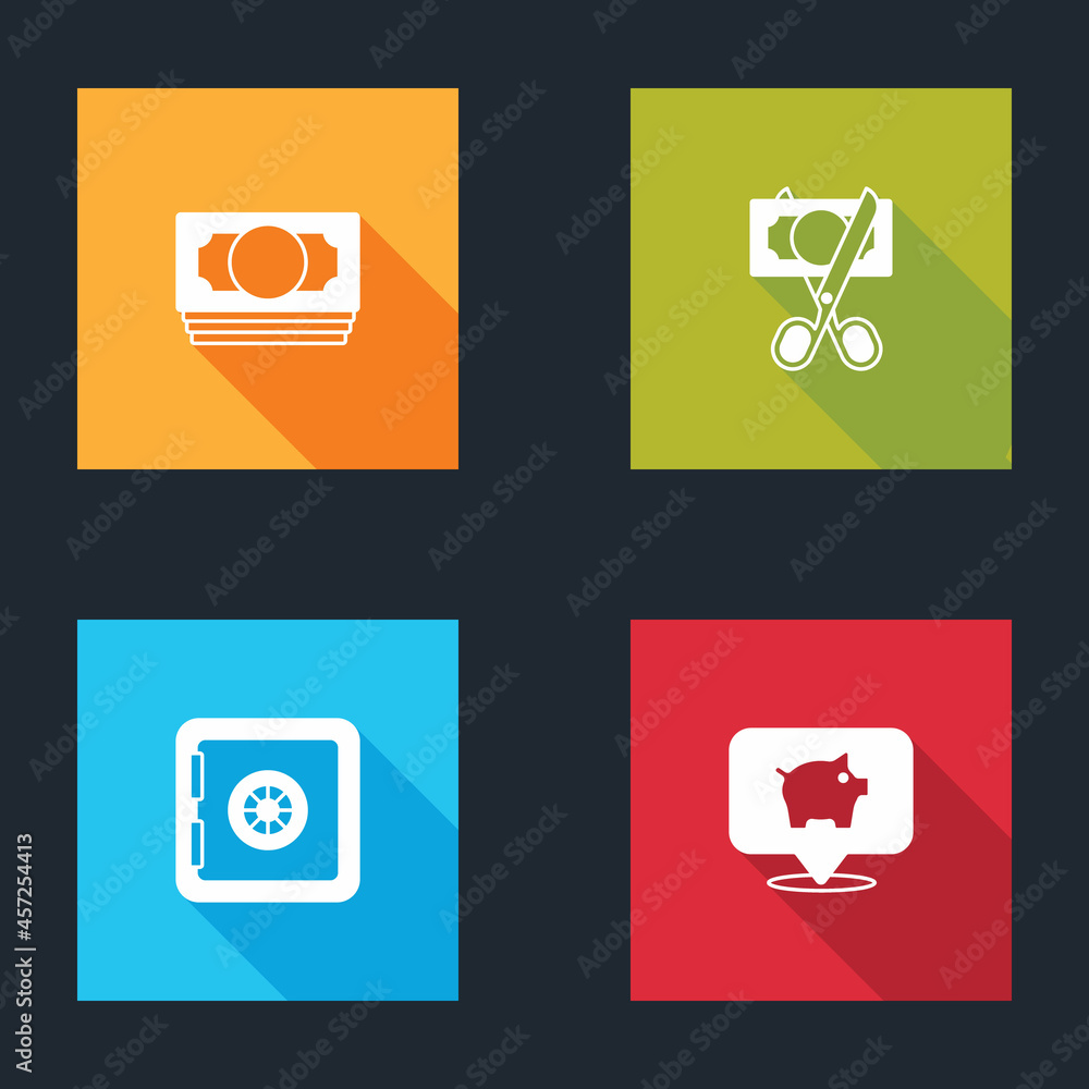 Set Stacks paper money cash, Scissors cutting, Safe and Piggy bank icon. Vector Set Stacks paper money cash, Scissors cutting, Safe and Piggy bank icon. Vector