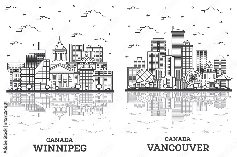 Outline Vancouver and Winnipeg Canada City Skyline Set.