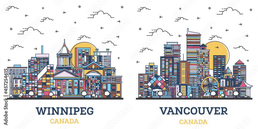 Obraz premium Outline Vancouver and Winnipeg Canada City Skyline Set.
