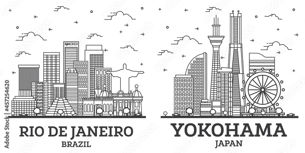 Outline Yokohama Japan and Rio de Janeiro Brazil City Skyline Set.