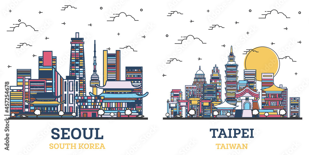 Naklejka premium Outline Taipei Taiwan and Seoul South Korea City Skyline Set.