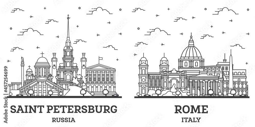 Outline Rome Italy and Saint Petersburg Russia City Skyline Set.