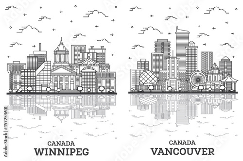 Outline Vancouver and Winnipeg Canada City Skyline Set.