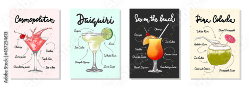 Set of 4 advertising recipe lists with alcoholic drinks, cocktails and beverages lettering posters, wall decoration, prints, menu design. Hand drawn typography with sketches. Handwritten calligraphy.
