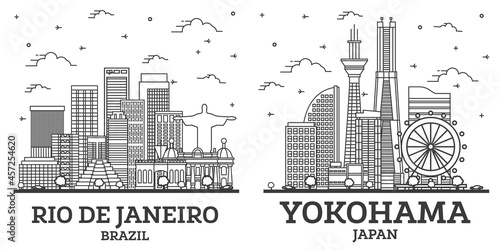 Outline Yokohama Japan and Rio de Janeiro Brazil City Skyline Set.