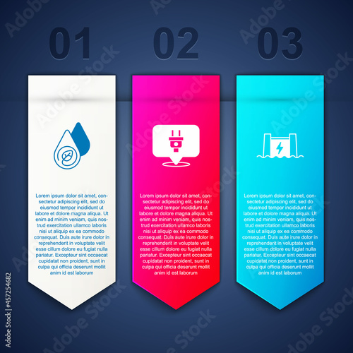 Set Water energy, Electric plug and Hydroelectric dam. Business infographic template. Vector photo