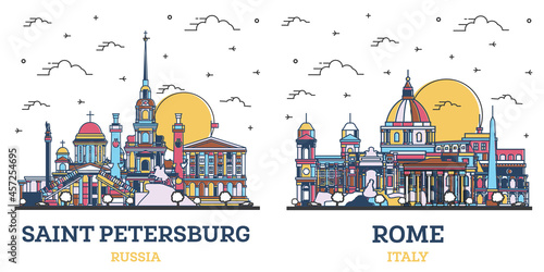 Photography Outline Rome Italy and Saint Petersburg Russia City Skyline Set.