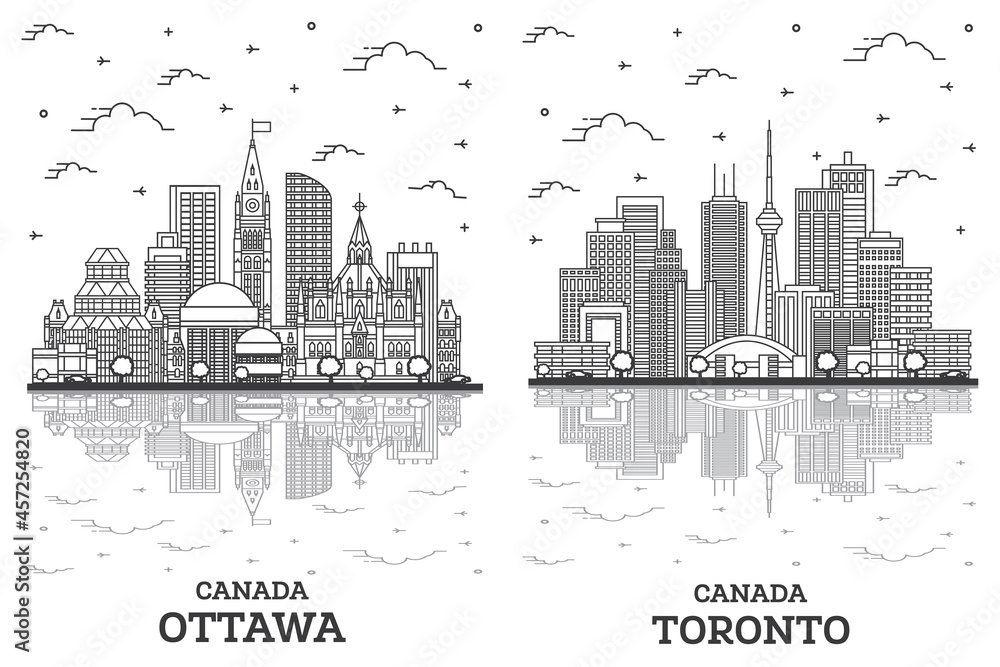 Fototapeta premium Outline Toronto and Ottawa Canada City Skyline Set.