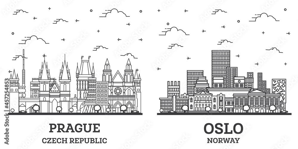 Outline Oslo Norway and Prague Czech Republic City Skyline Set.
