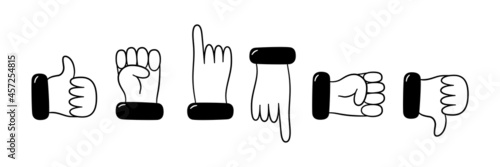 Set of hand and finger gestures. Hand dtawn like, dislike, fist, point with your finger. Vector illustration isolated in doodle style on white background.