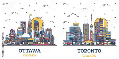 Outline Toronto and Ottawa Canada City Skyline Set.