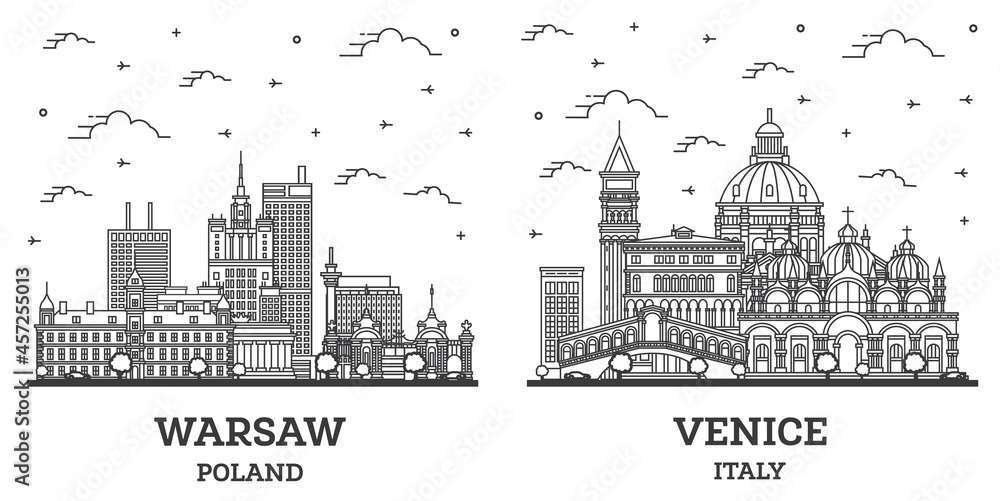 Outline Venice Italy and Warsaw Poland City Skyline Set.