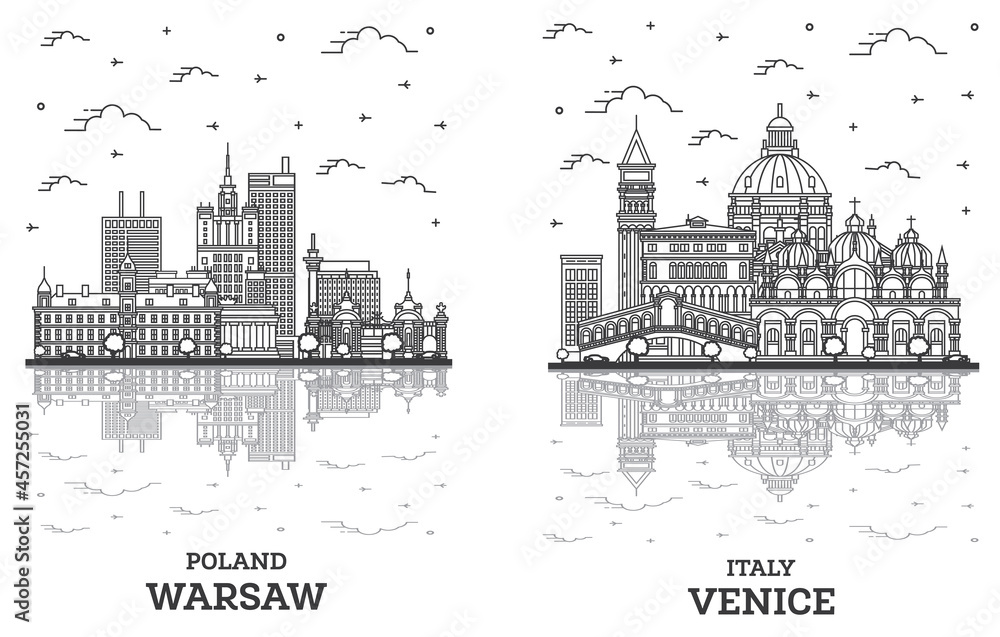 Outline Venice Italy and Warsaw Poland City Skyline Set.