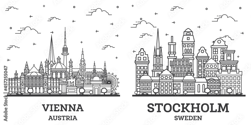 Outline Stockholm Sweden and Vienna Austria City Skyline Set.