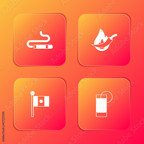 Set Cigar, Hot chili pepper pod, Mexico flag and Tequila glass with lemon icon. Vector