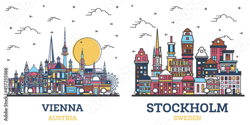 Photography Outline Stockholm Sweden and Vienna Austria City Skyline Set.