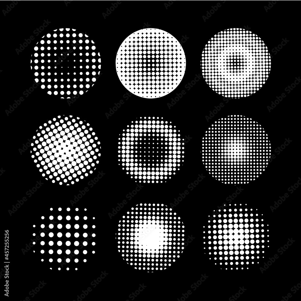 A collection of point halftone spheres. Circles of a point texture.