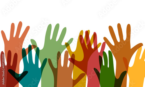 The background of the silhouette of multicolored hands, the concept of diversity, volunteering.