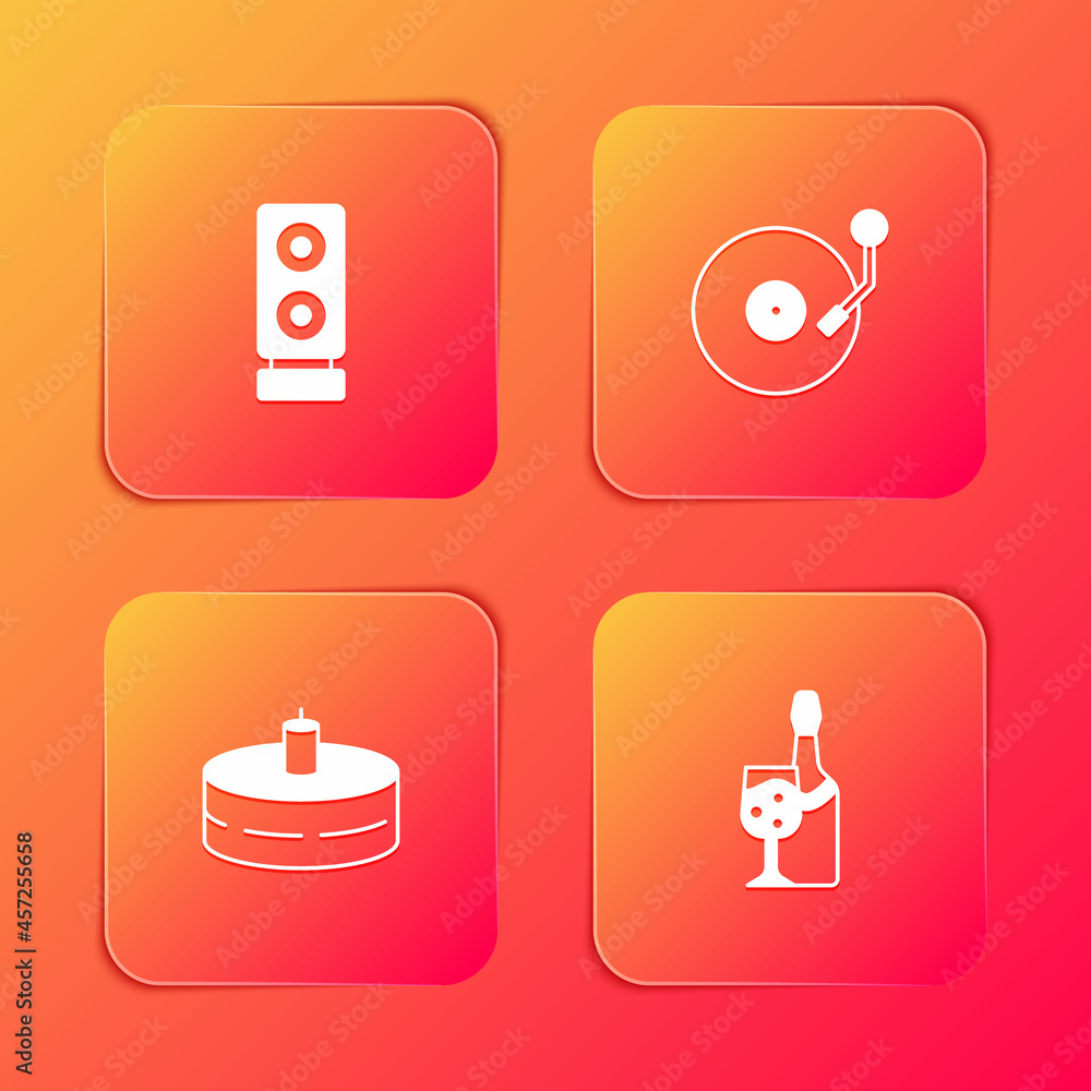 Set Stereo speaker, Vinyl player with disk, Cake burning candles and Champagne bottle icon. Vector