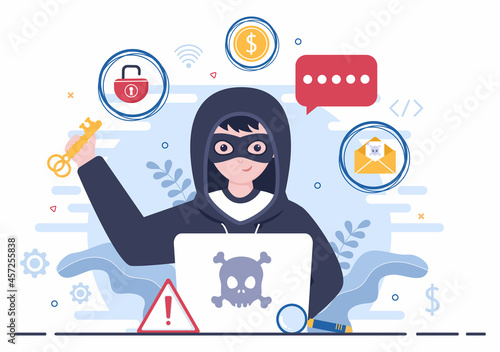 Hacker Using Computer Server to Activity Hacked Database, Network Storage, Social Account, Credit Card or Security. Background Vector Illustration