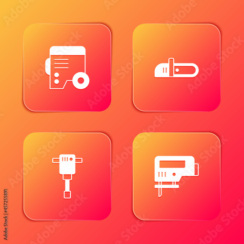 Set Power electric generator, Chainsaw, Construction jackhammer and Electric jigsaw icon. Vector