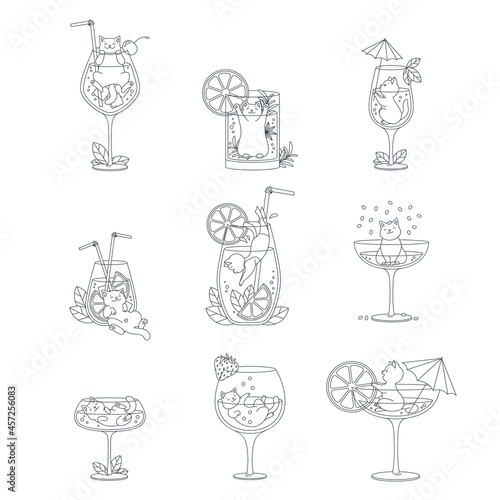 Collection of cute kitties with cocktails. Funny cats playing in cocktail glasses decorated with ice cubes, mint leaves, cocktail tube, cherry  and umbrella. Black-n-white outlined illustration.