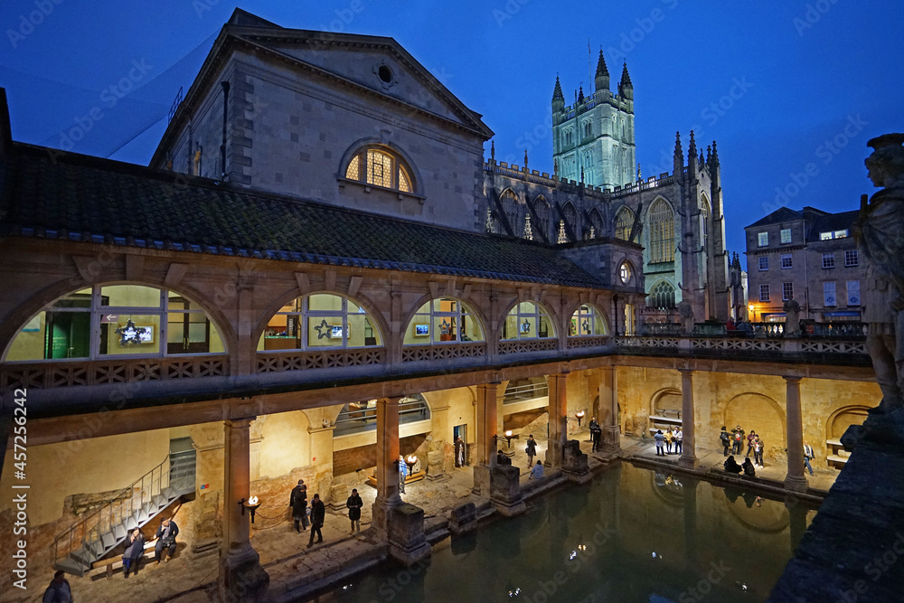 Exterior architecture of 'The Roman bath', interactive museum filled with many treasures and ...