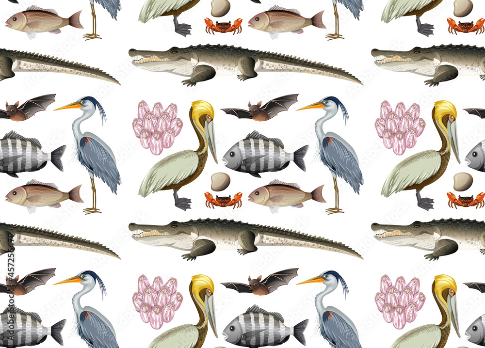 Obraz premium Seamless pattern with various mangrove animals in cartoon style