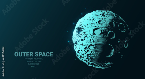 Futuristic illustration with hologram neon moon planet sketch, concept glowing icon sign on dark background. Vector digital art, technology, outer space, aliens, astronaut and cosmos concept.