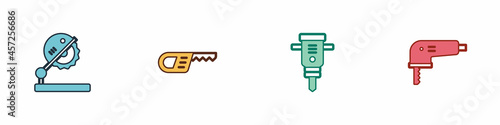 Set Table saw for woodwork, Reciprocating, Construction jackhammer and Electric jigsaw icon. Vector