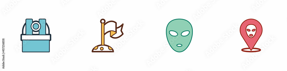 Set Astronomical observatory, Moon with flag, Alien and icon. Vector Set Astronomical observatory, Moon with flag, Alien and icon. Vector