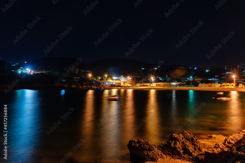 Utjeha, Montenegro - July 09, 2021: Utjeha Beach on the Adriatic coast in Montenegro by night.